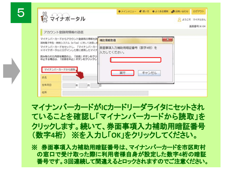 マイナンバーカード読み取りには券面事項入力補助パスワードの入力が必要
